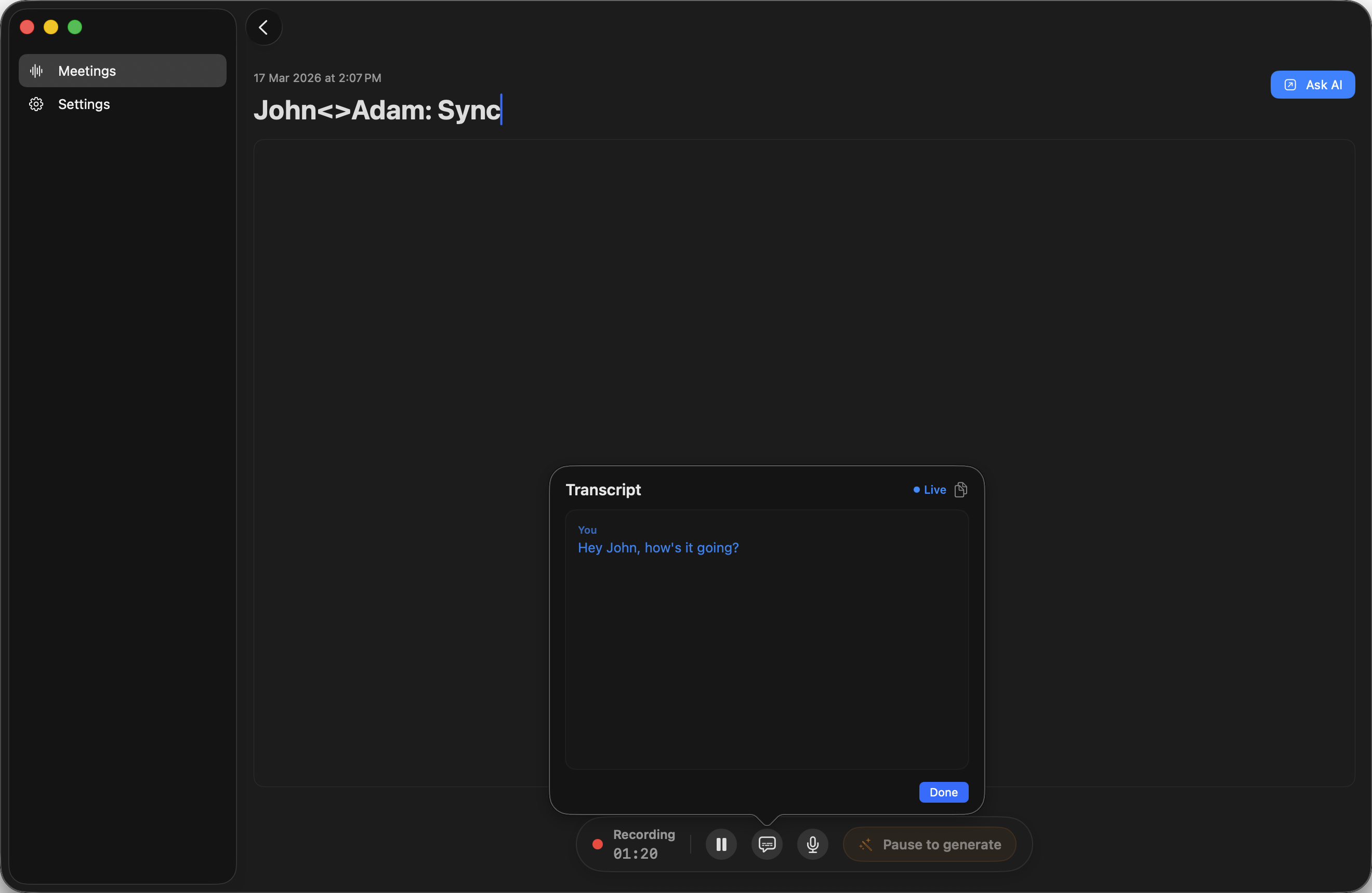 SessionScribe recording a meeting with live transcription